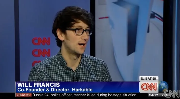 Appearing on CNN, with an on-screen title identifying Will Francis as Harkable co-founder and director