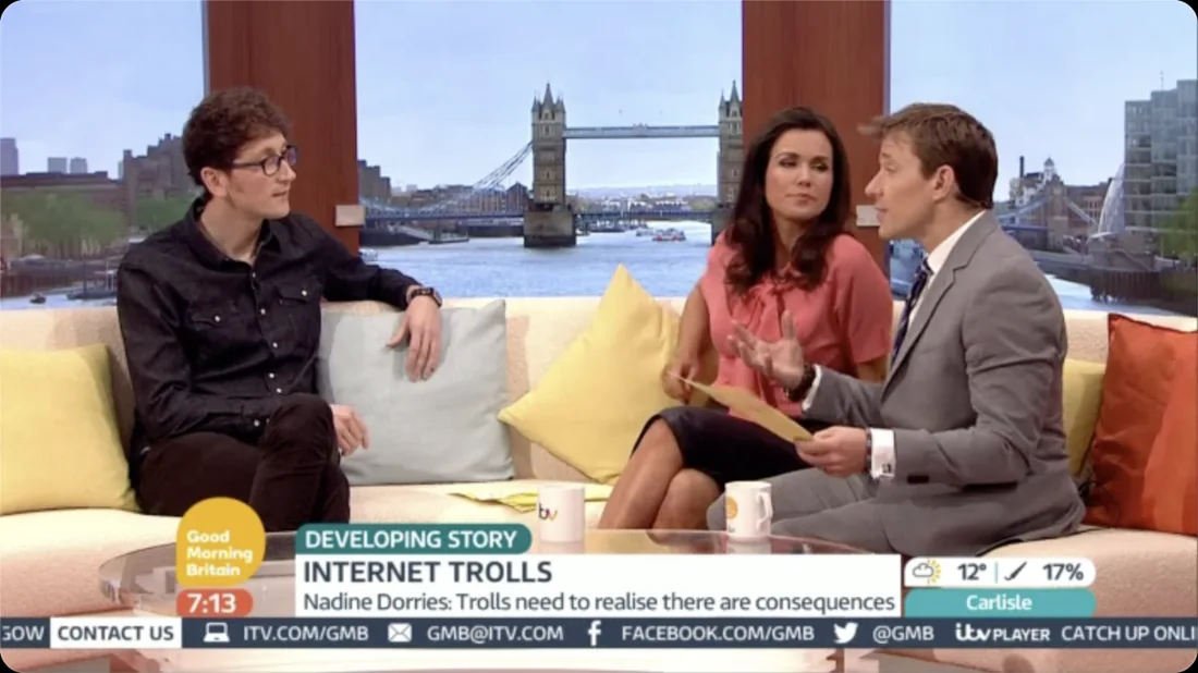 Discussing internet trolls with the presenters on the Good Morning Britain sofa