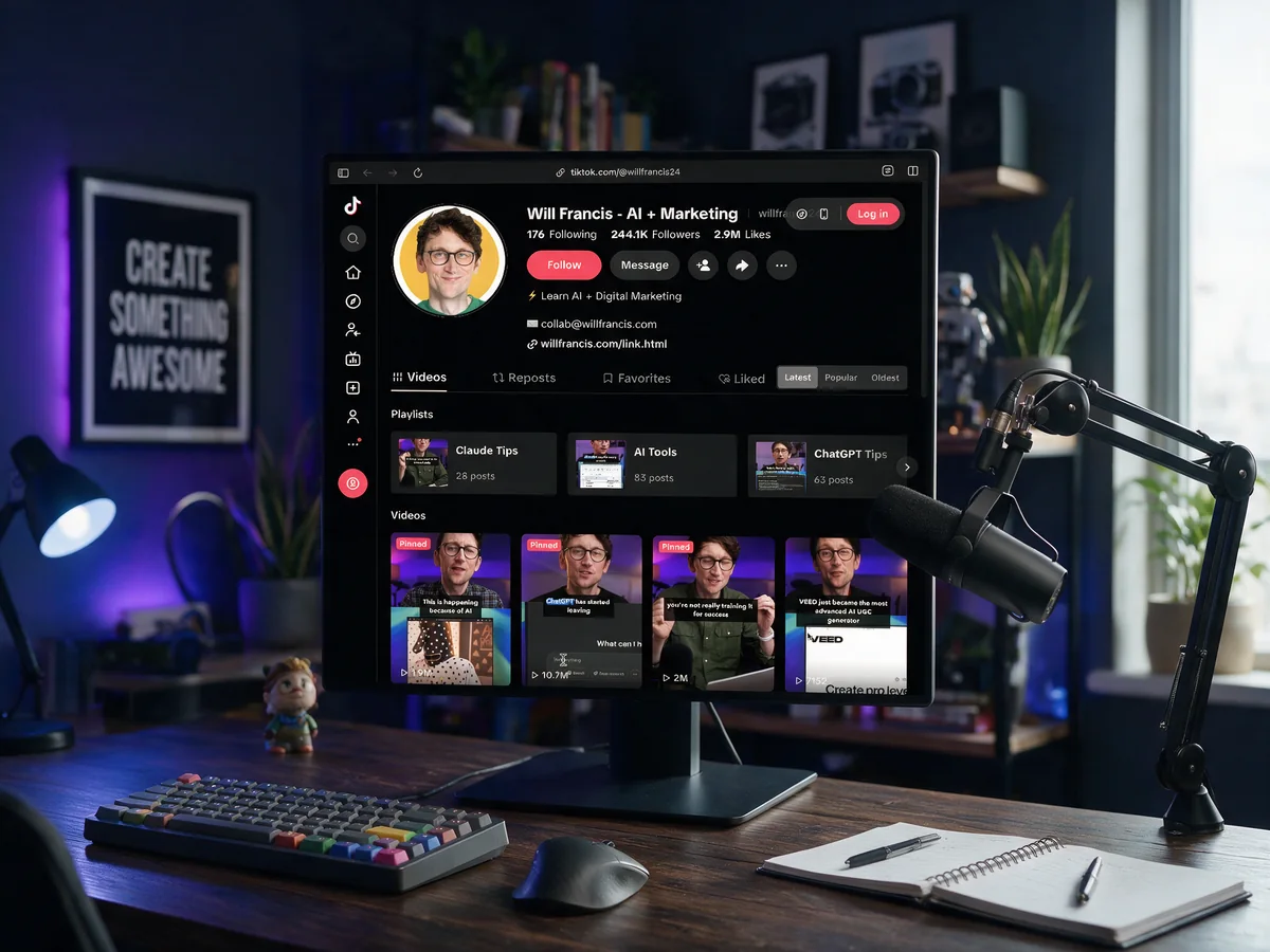 Will’s @willfrancis24 TikTok page displayed on a desktop monitor beside a microphone