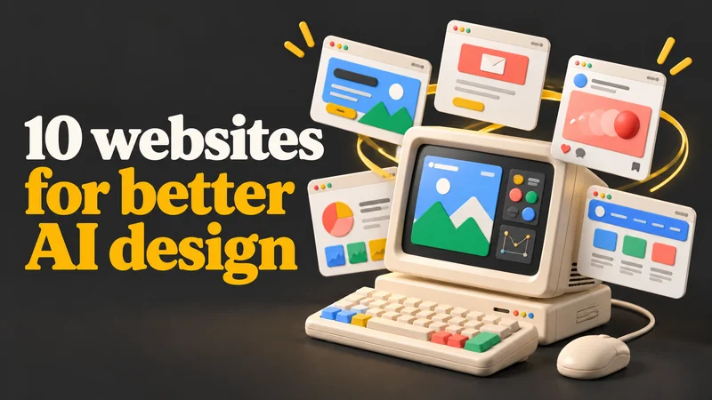10 websites for better AI design, illustrated with a retro computer and floating website layouts