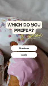 Strawberry-or-vanilla poll over a vertical video of ice cream.