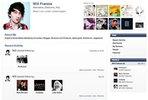 Will’s archived Apple Ping profile with music selections and recent activity.
