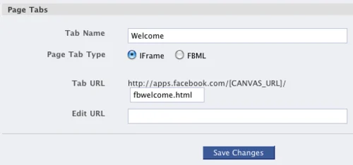 Old Facebook Page Tabs settings with a welcome-tab name and URL fields.