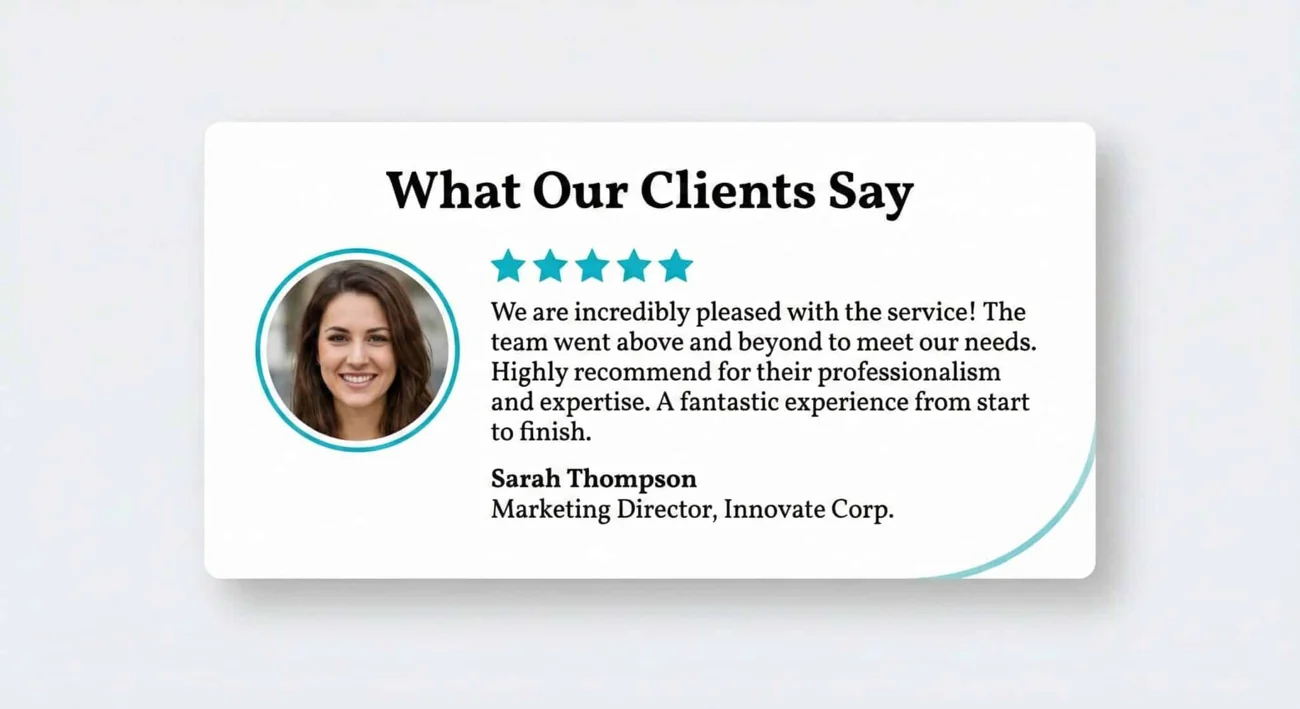AI-generated testimonial-card example with an illustrative portrait, rating and quote, not a verified customer endorsement.