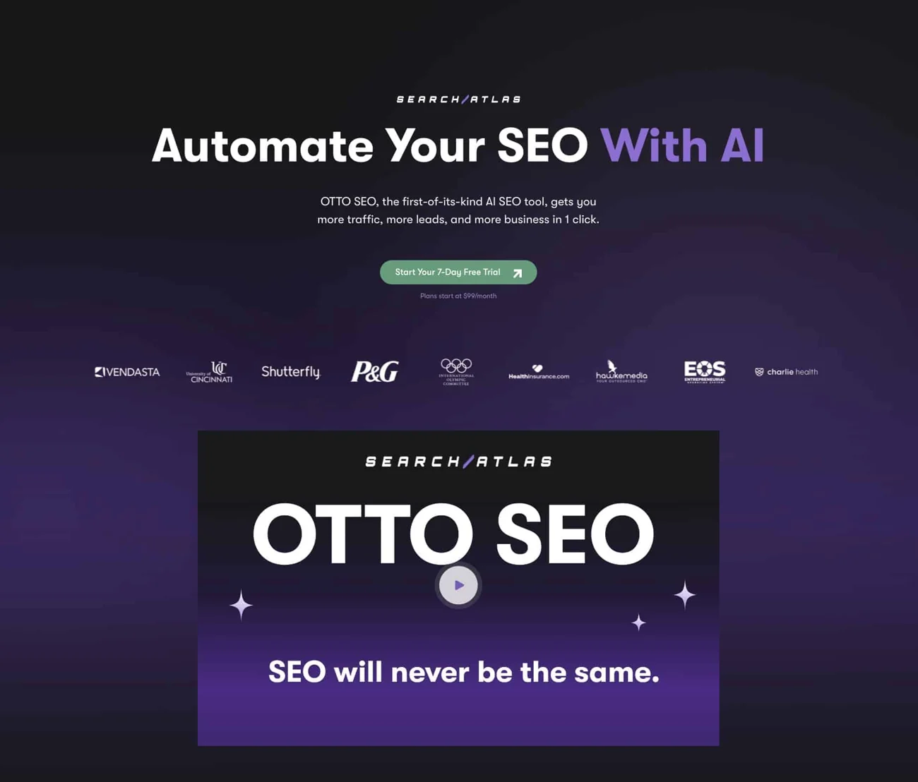 SearchAtlas landing page advertising OTTO SEO with an AI-focused headline.