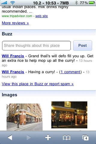 Google Buzz activity and image results in a mobile browser.