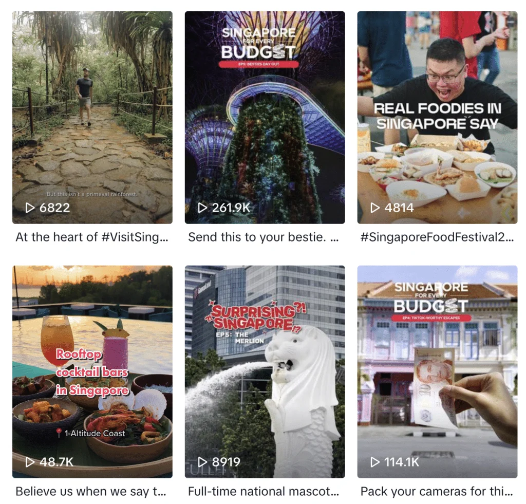 Archived Visit Singapore TikTok profile or video grid showing the examples discussed in the article.