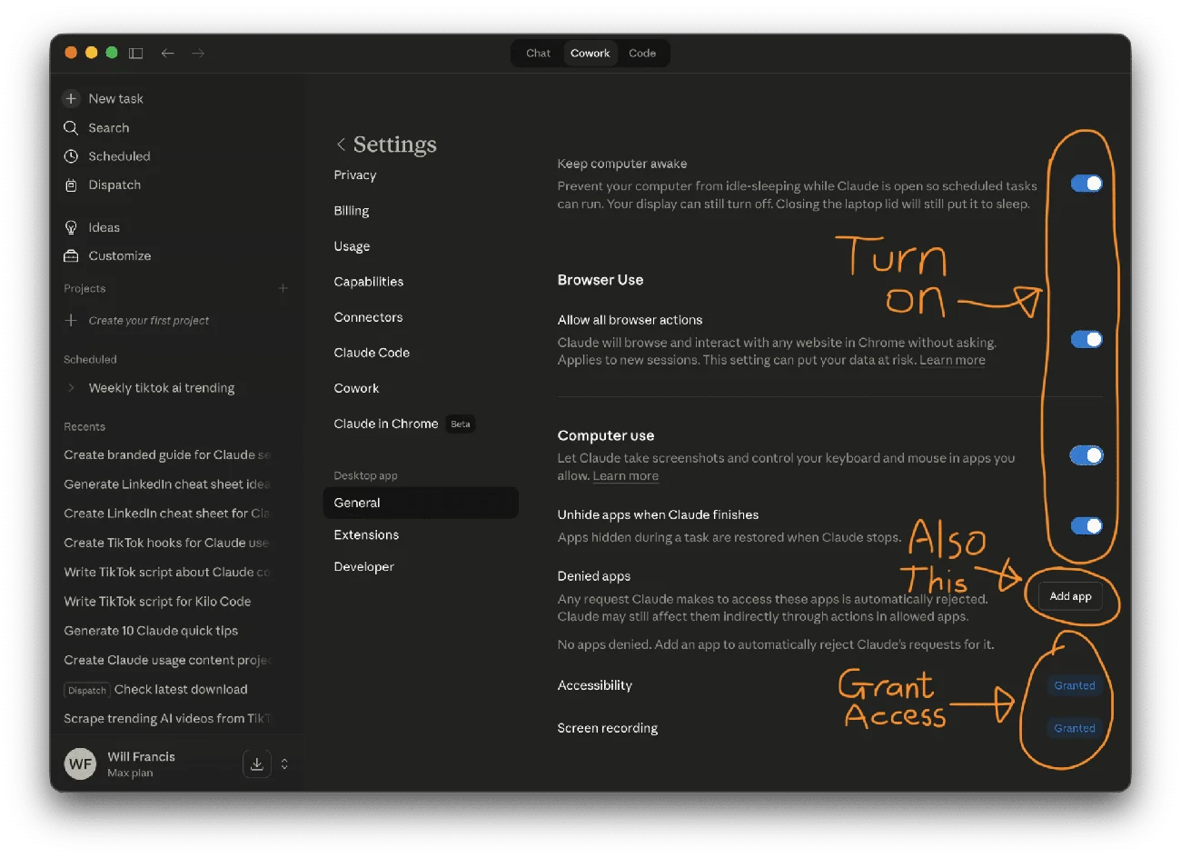 Annotated Claude settings screenshot highlighting switches and permission controls.
