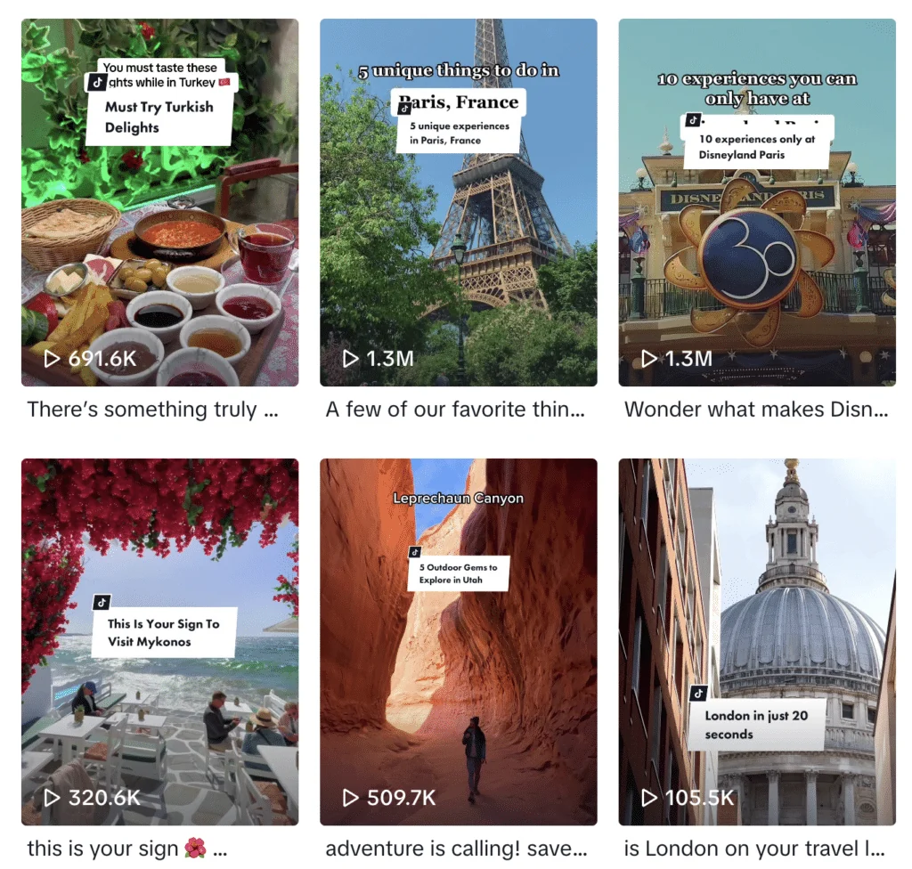 Archived Expedia TikTok profile or video grid showing the examples discussed in the article.