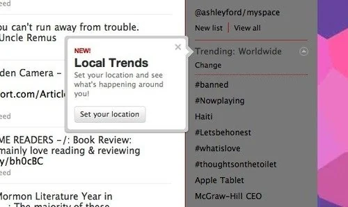 Old Twitter interface introducing its Local Trends location setting.