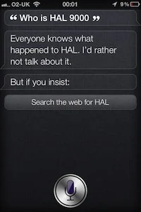 Siri answering a question about HAL 9000 with a reference to the fictional computer.