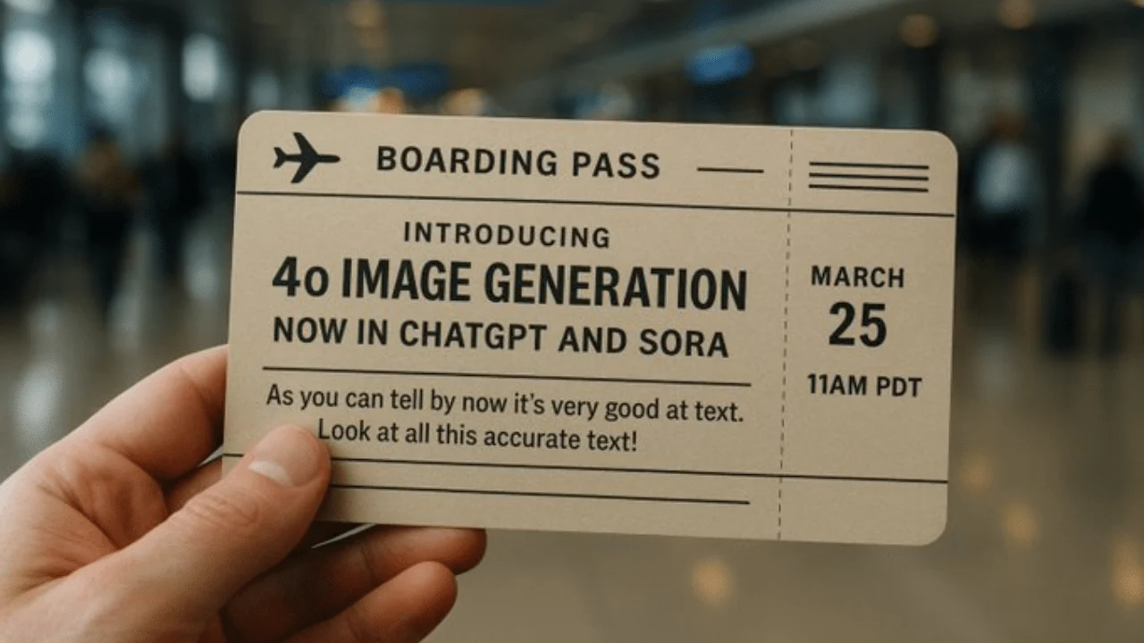AI-generated boarding pass containing an image-generation launch announcement.