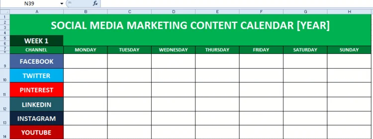 Social-media content-calendar spreadsheet with channels arranged by weekday.