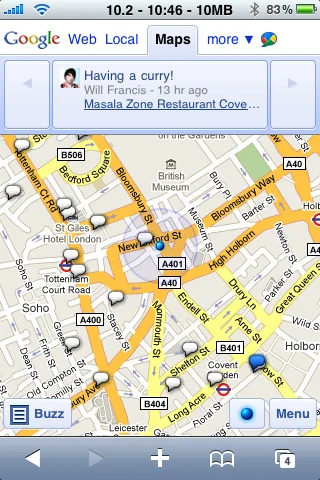 Google Buzz mobile map with a location-linked post displayed above it.