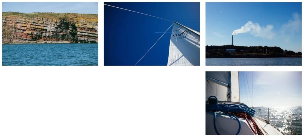 Collage of coastal cliffs, boat details, sea and sky photographs from the October 2018 collection.