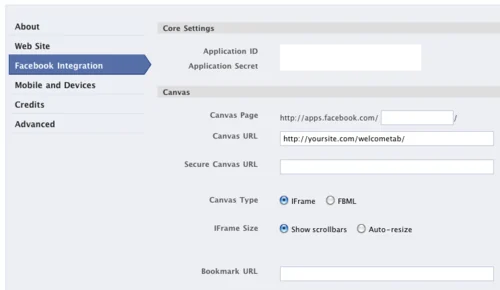Old Facebook integration settings with canvas URL and iframe options.