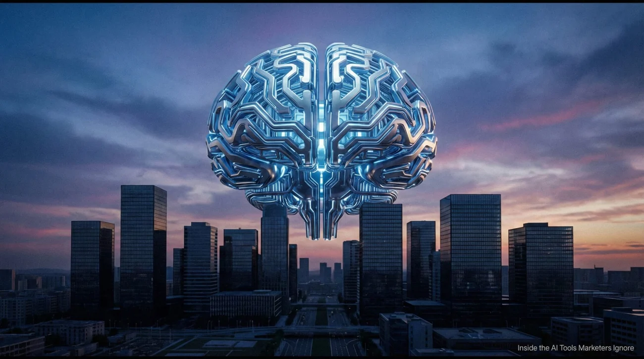 AI-generated glowing brain above a city skyline, used as a blog-header example.