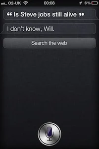 Siri responding that it does not know whether Steve Jobs is still alive.