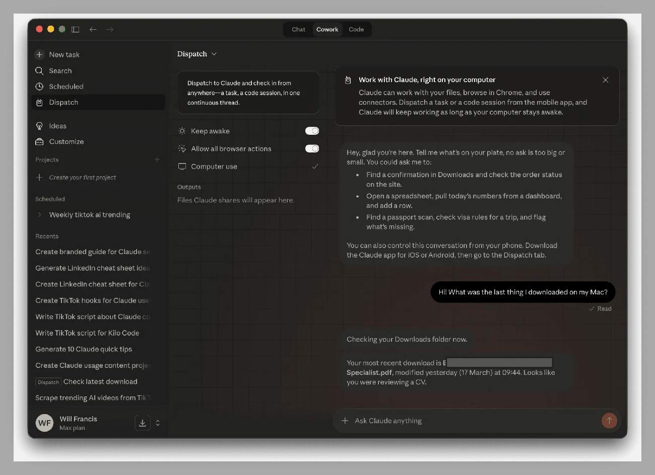 Claude conversation showing a task request in the desktop interface.