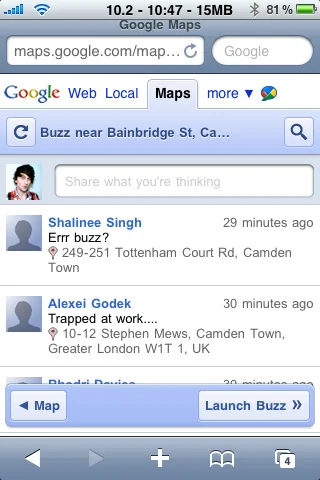 Google Buzz mobile list of nearby posts.