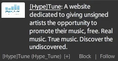 Old Twitter profile panel for HypeTune, describing unsigned-artist music promotion.