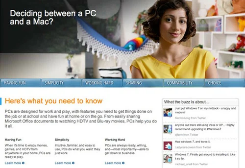 Archived Microsoft webpage comparing PCs and Macs.