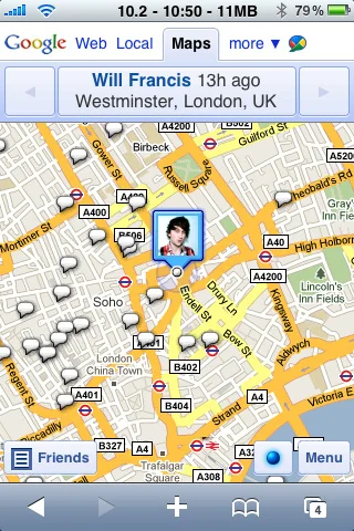 Google Buzz mobile map showing nearby posts as speech-bubble markers.