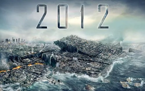 Film-poster graphic for 2012, with a wave approaching a city.