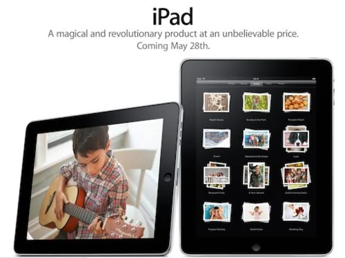 Original iPad promotional graphic showing the tablet in portrait and landscape orientations.