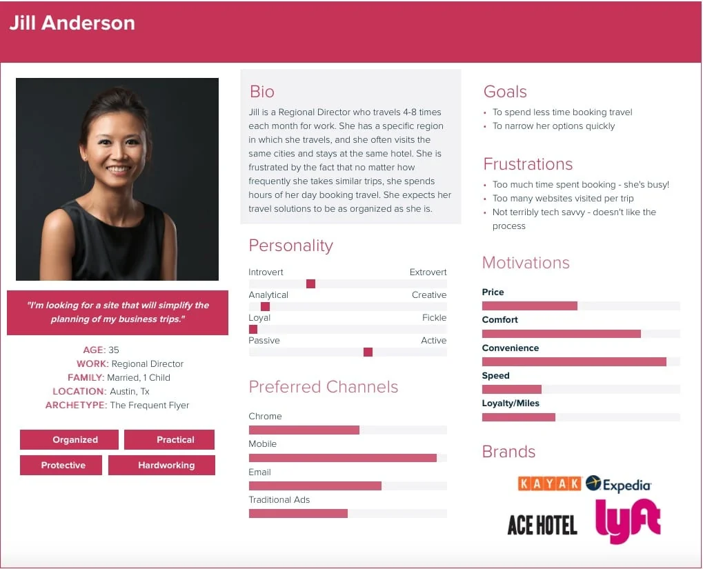 Example audience-persona sheet with biography, goals, frustrations and channel preferences.