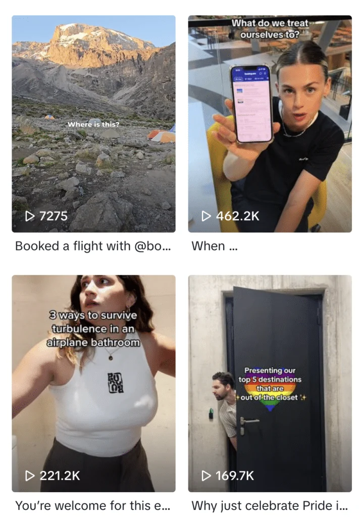 Archived Booking.com TikTok profile or video grid showing the examples discussed in the article.