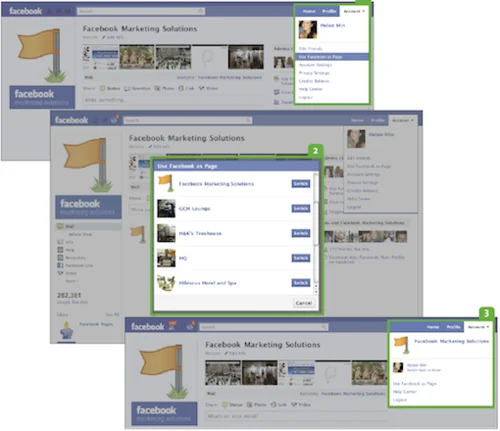 Facebook Page interface with account-switching and notification features highlighted.