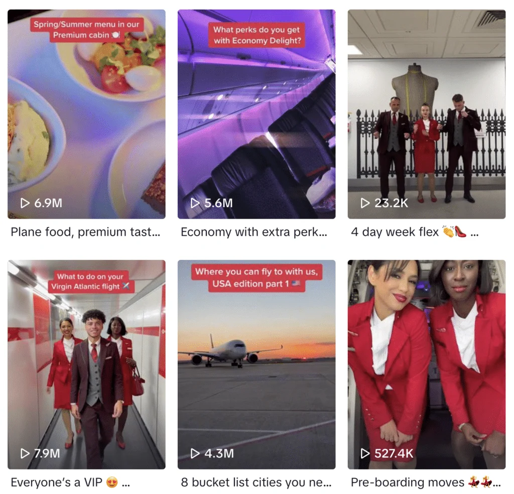Archived Virgin Atlantic TikTok profile or video grid showing the examples discussed in the article.