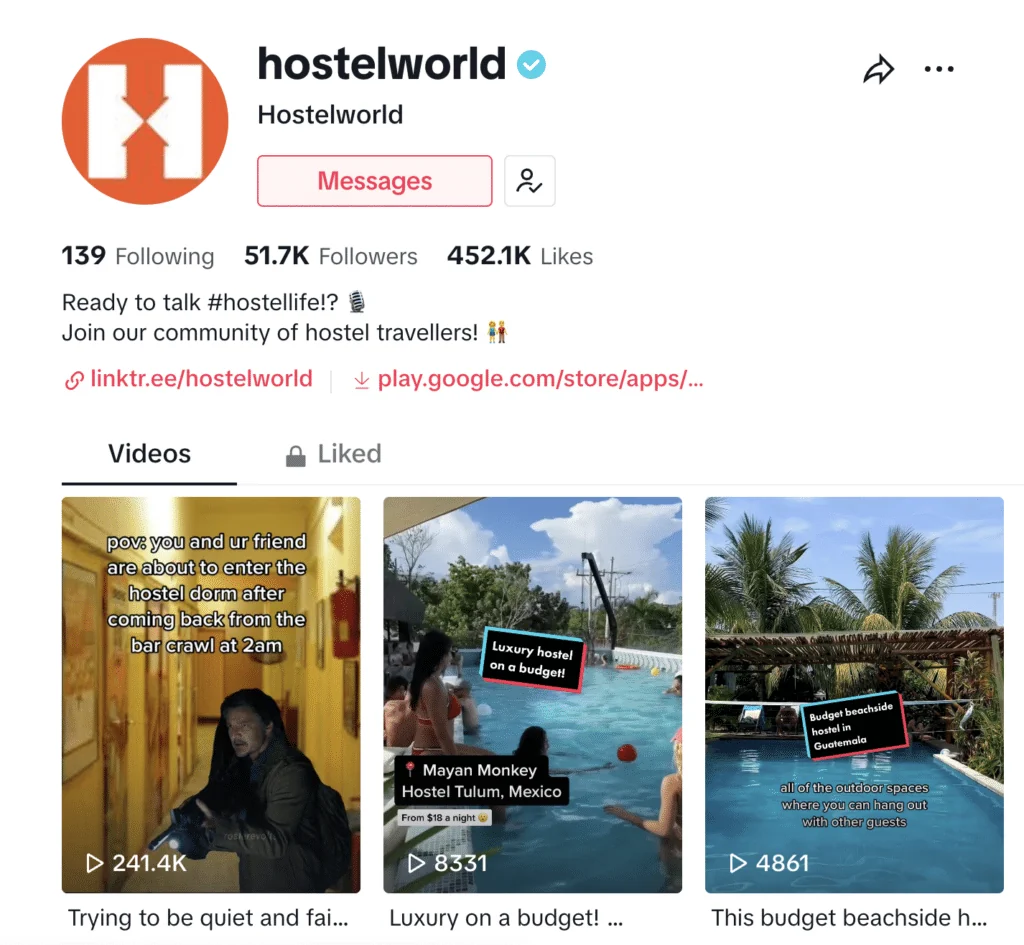 Archived Hostel World TikTok profile or video grid showing the examples discussed in the article.