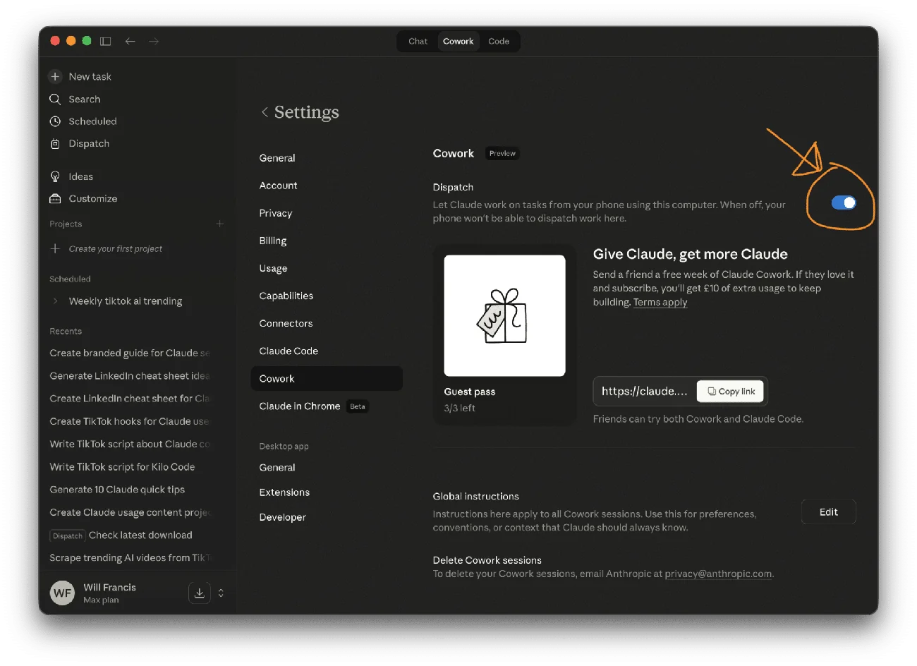 Claude Dispatch settings screen with a QR code for connecting a phone.