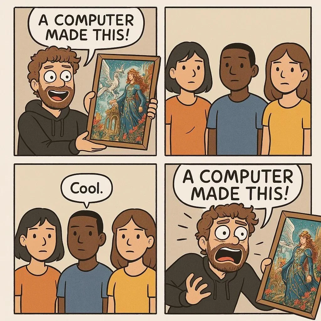 Four-panel AI-generated comic about computer-generated art.