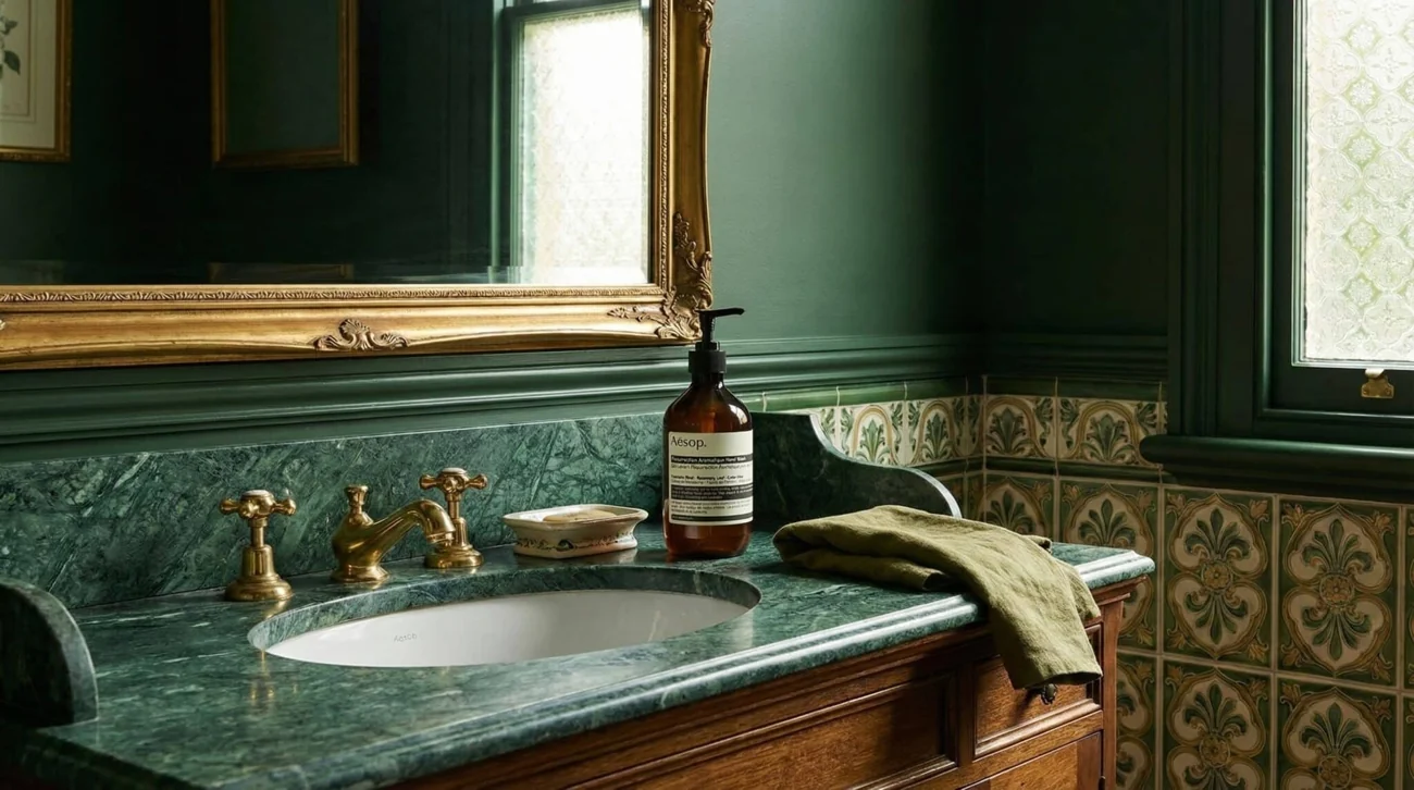 AI-generated product photograph placing a pump bottle beside a green marble basin.