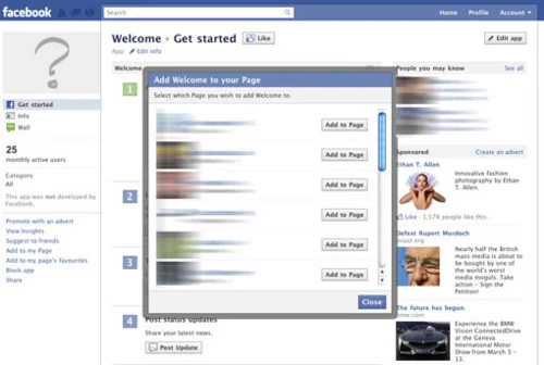 Old Facebook dialog for adding the welcome application to a page.