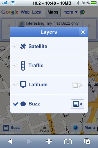 Google Maps layer menu with Buzz selected alongside other map layers.