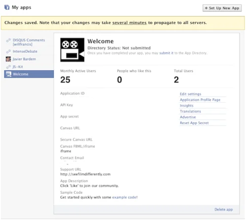 Old Facebook application profile page with a sidebar and profile information.