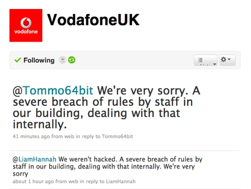 Archived VodafoneUK tweet apologising for an earlier offensive message.