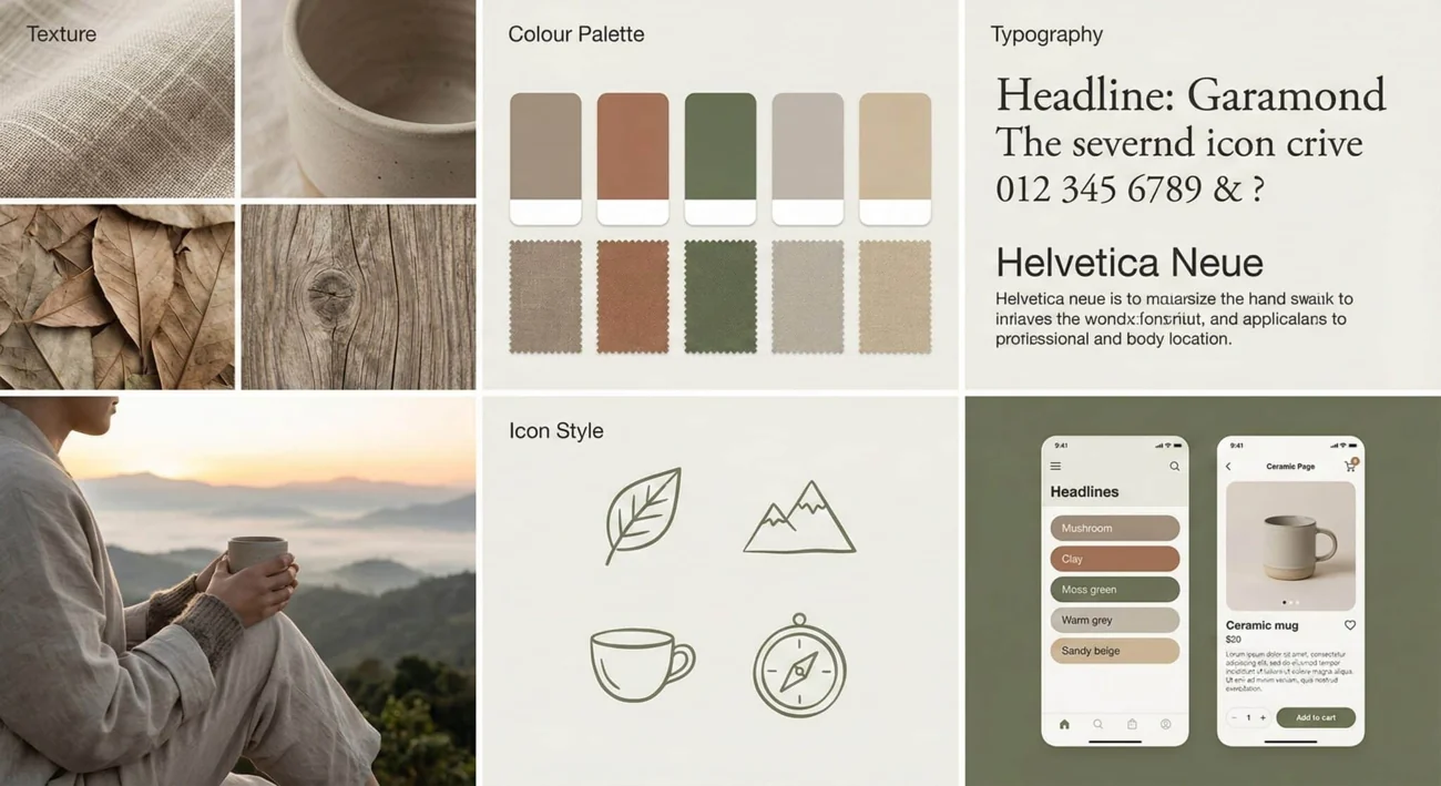 AI-generated brand mood board combining photographs, colours, typography, icons and a phone mock-up.
