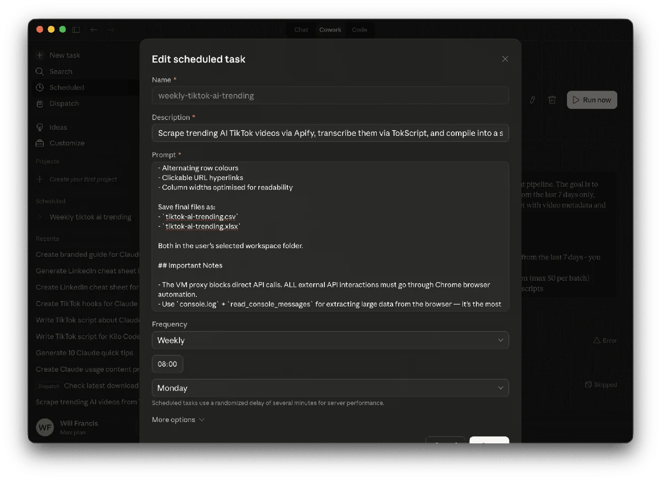 Claude scheduled-task editing dialog with task details and scheduling controls.