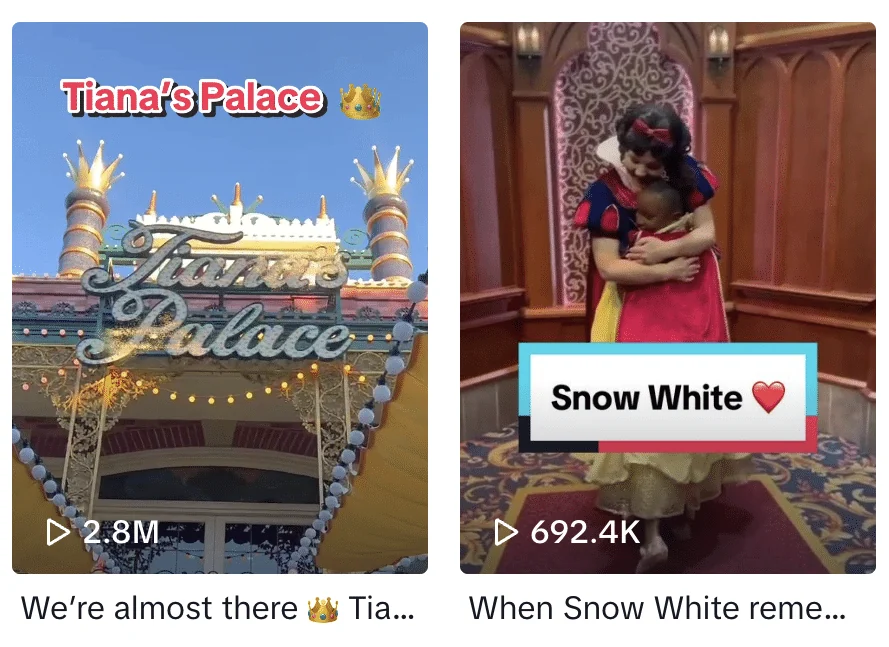 Archived Disney Parks TikTok profile or video grid showing the examples discussed in the article.