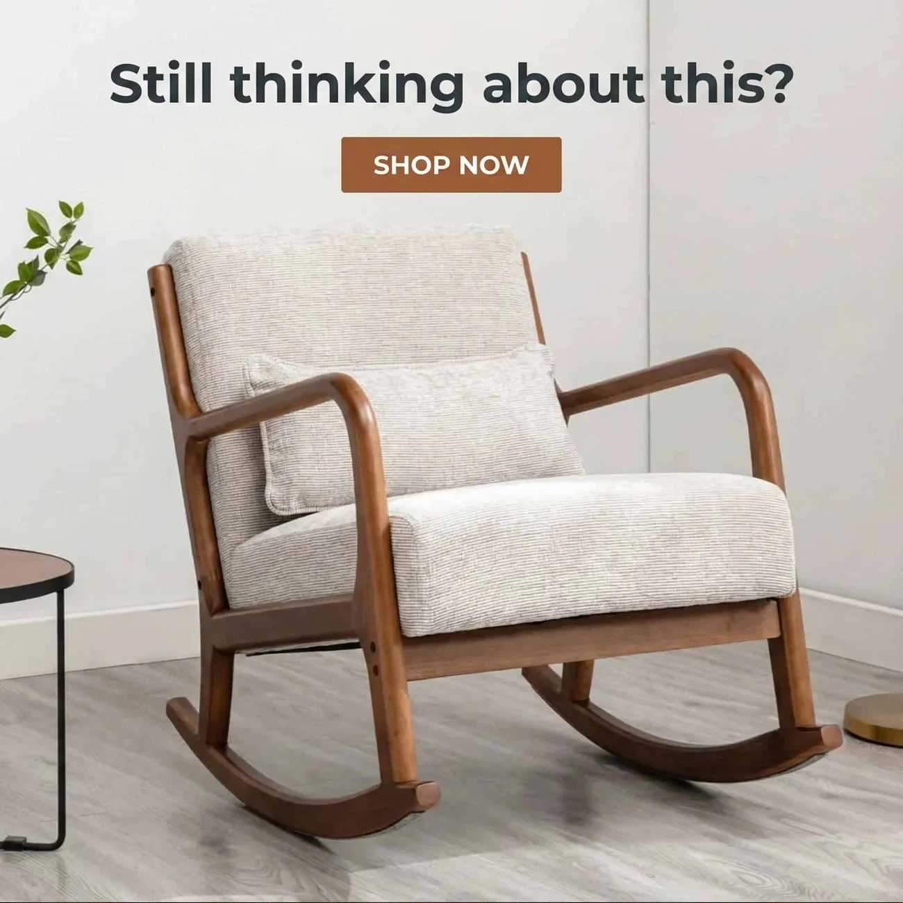 AI-generated rocking-chair retargeting advertisement with a Shop Now prompt.