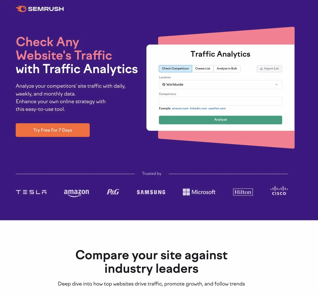 Semrush landing page with a website-traffic search field and product illustration.