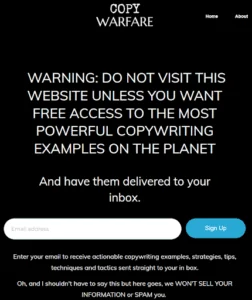 Archived screenshot of Copy Warfare by Andrew Holland, showing its newsletter or signup page.