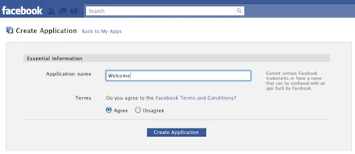 Old Facebook Create Application dialog, with an application-name field and terms options.