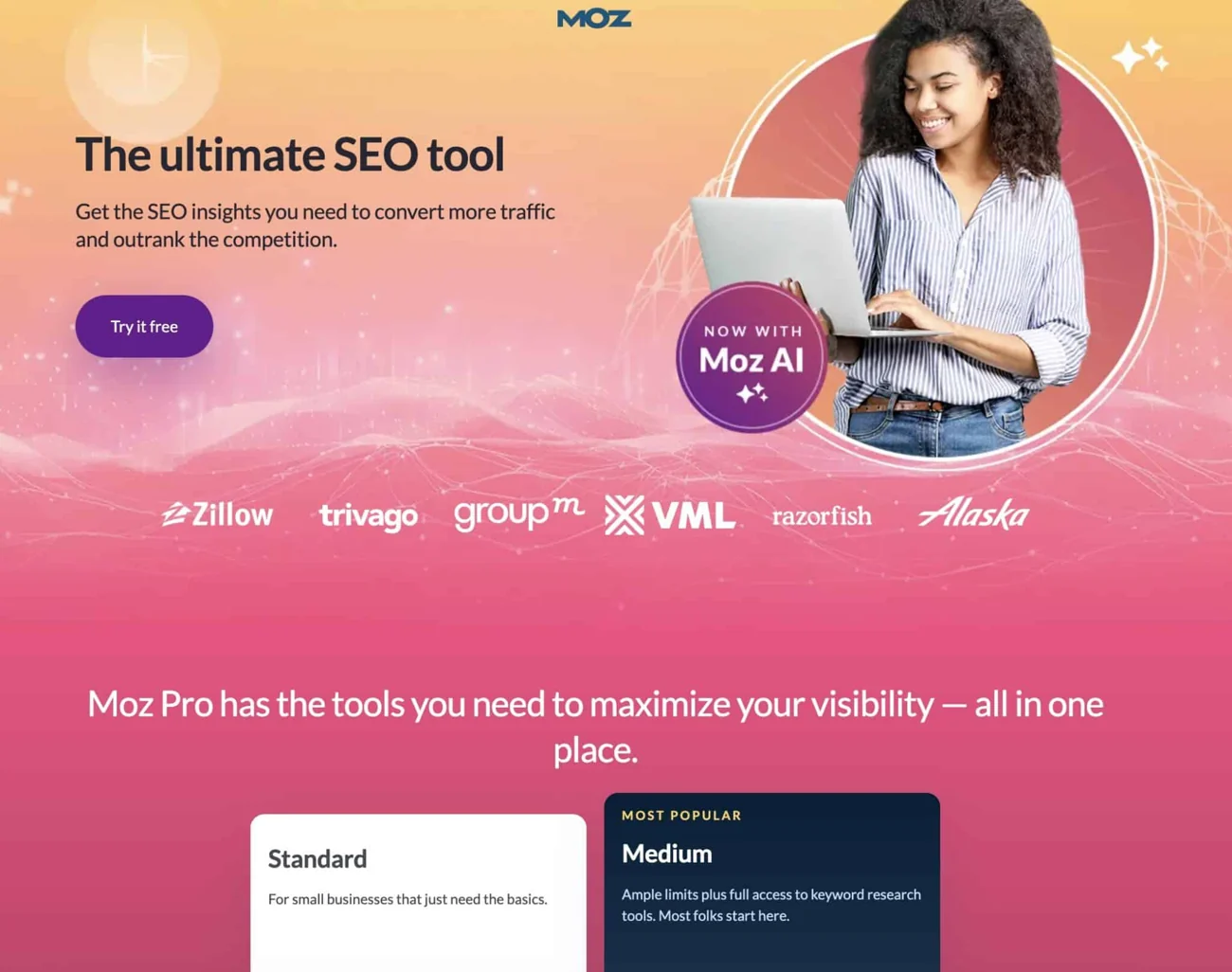 Moz landing page with its SEO-tool headline and customer logos.
