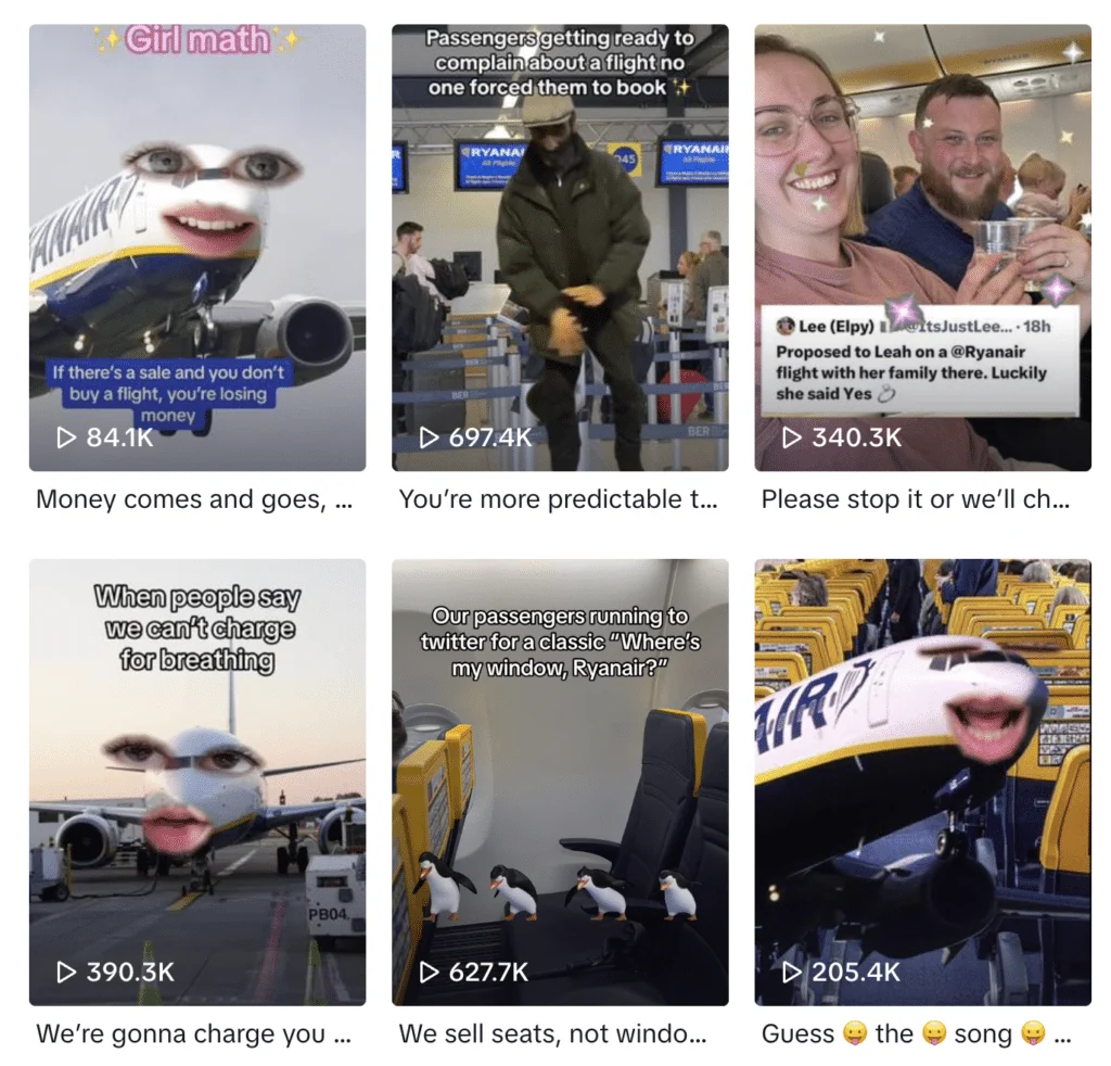 Archived Ryanair TikTok profile or video grid showing the examples discussed in the article.